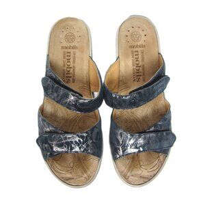 Mephisto Paula Size 40 9 9.5 Blue Silver Slip On Slide Sandals Wedge Heel